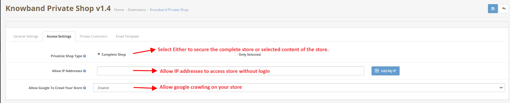 Access setting in knowband OpenCart Private Shop Extension
