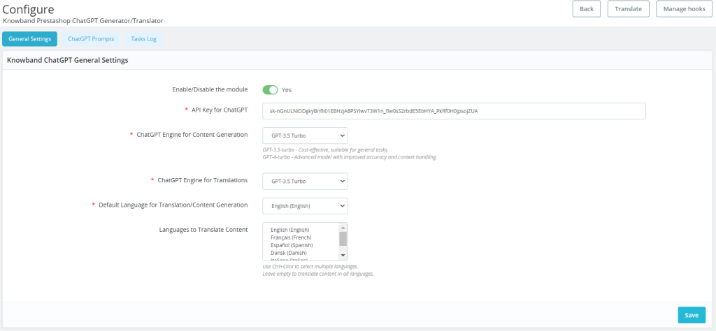 Knowband Prestashop AI Content Generator Module General Setting Tab