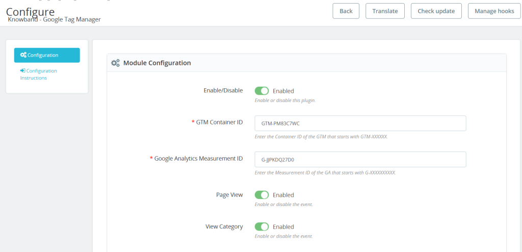 Knowband Prestashop GTM Configuration tab 1